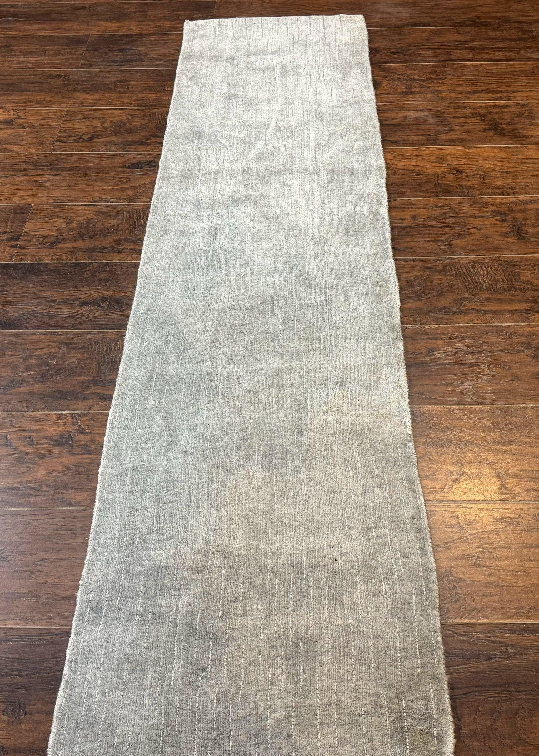 Modern Tibetan Runner Rug 1.9 x 8.6, Wool and Silk Highlights, Gray/Silver, Narrow Runner for Hallway or Kitchen by Jewel Rugs