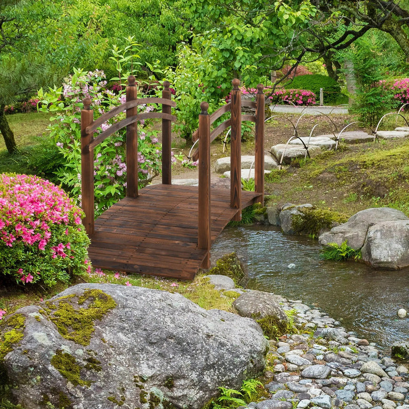 Outsunny - Fir Wood Garden Bridge Arc Walkway With Side Railings, Perfect For Backyards, Gardens, & Streams, Carbonized - Brown by HouseOfZazla