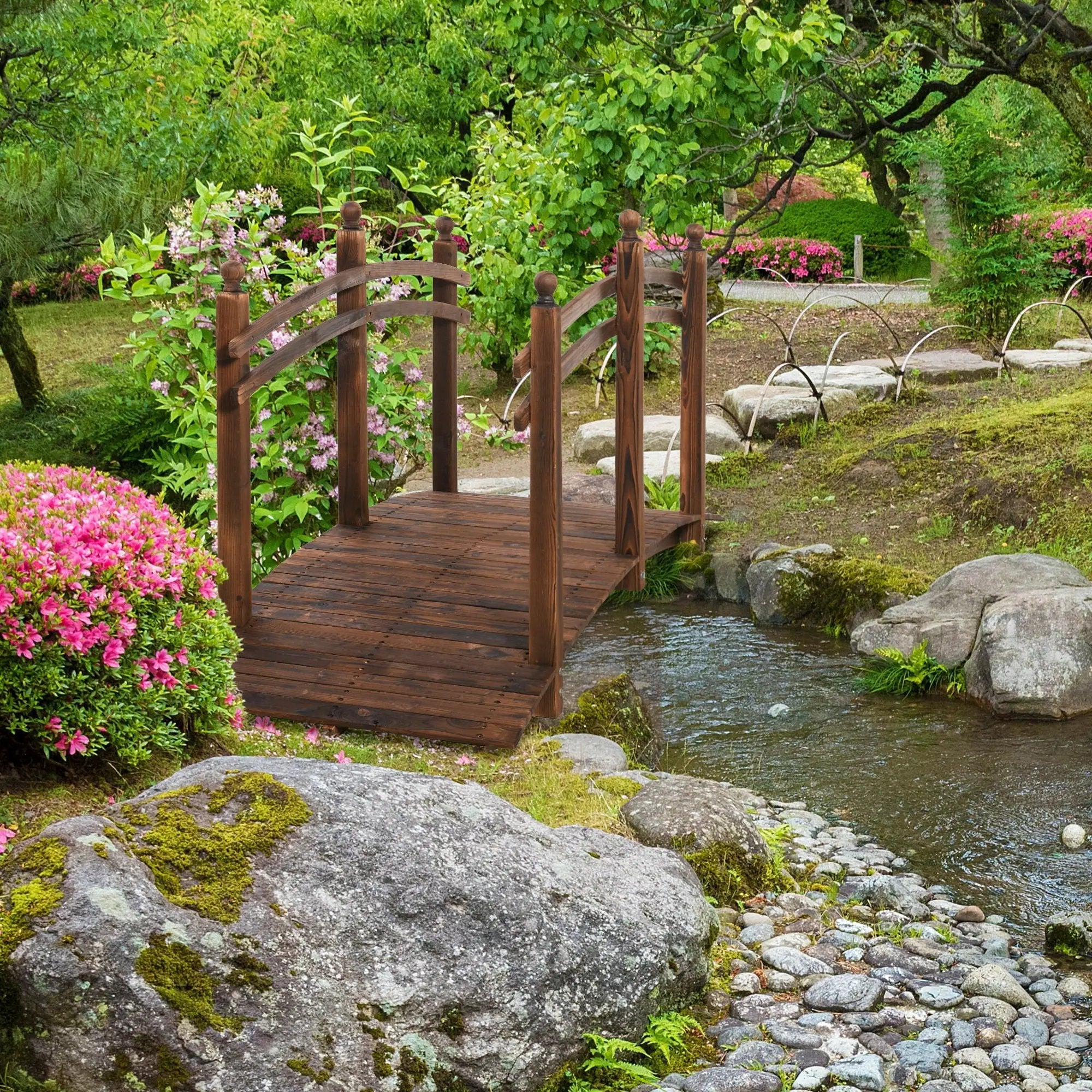 Outsunny - Fir Wood Garden Bridge Arc Walkway With Side Railings, Perfect For Backyards, Gardens, & Streams, Carbonized - Brown by Unique Piece Furniture