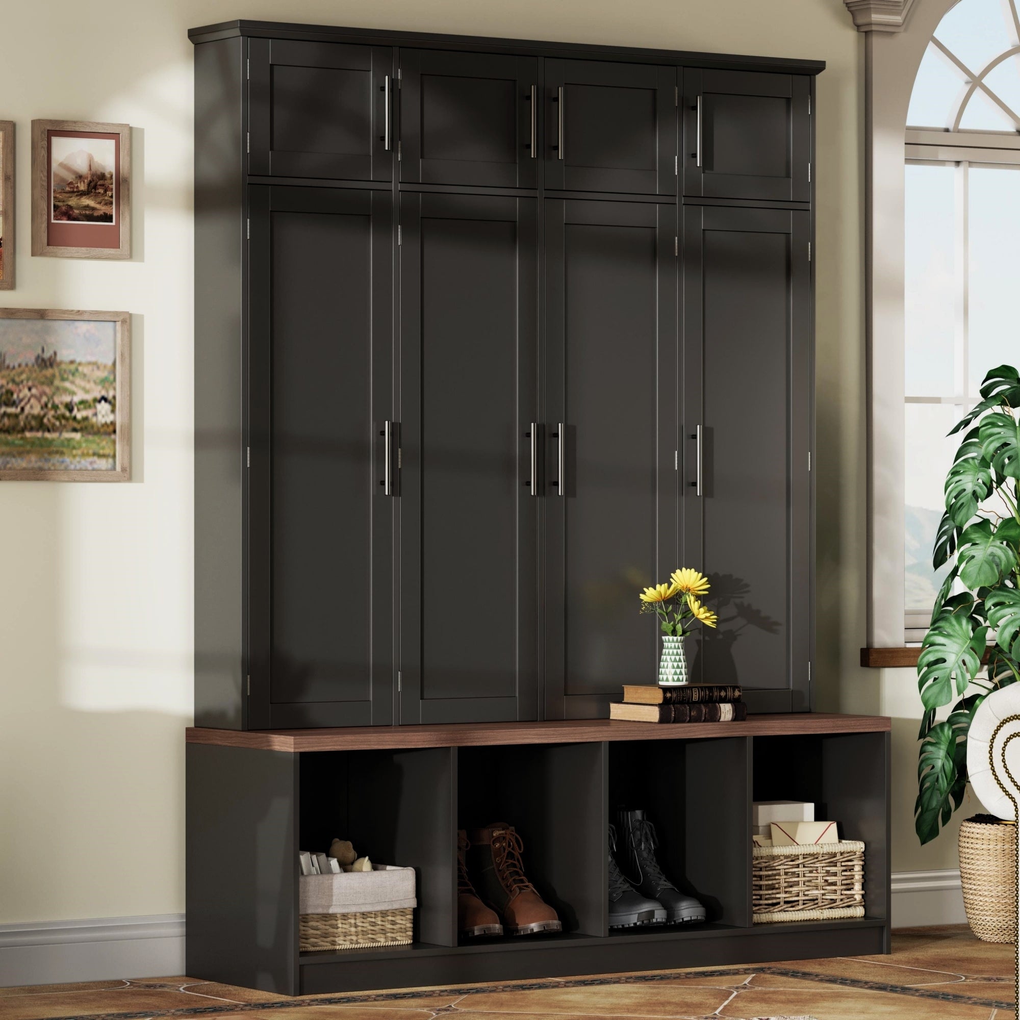 Farmhouse Hall Tree with 4 Hidden Hanging Hooks and Storage Bench by HouseOfZazla