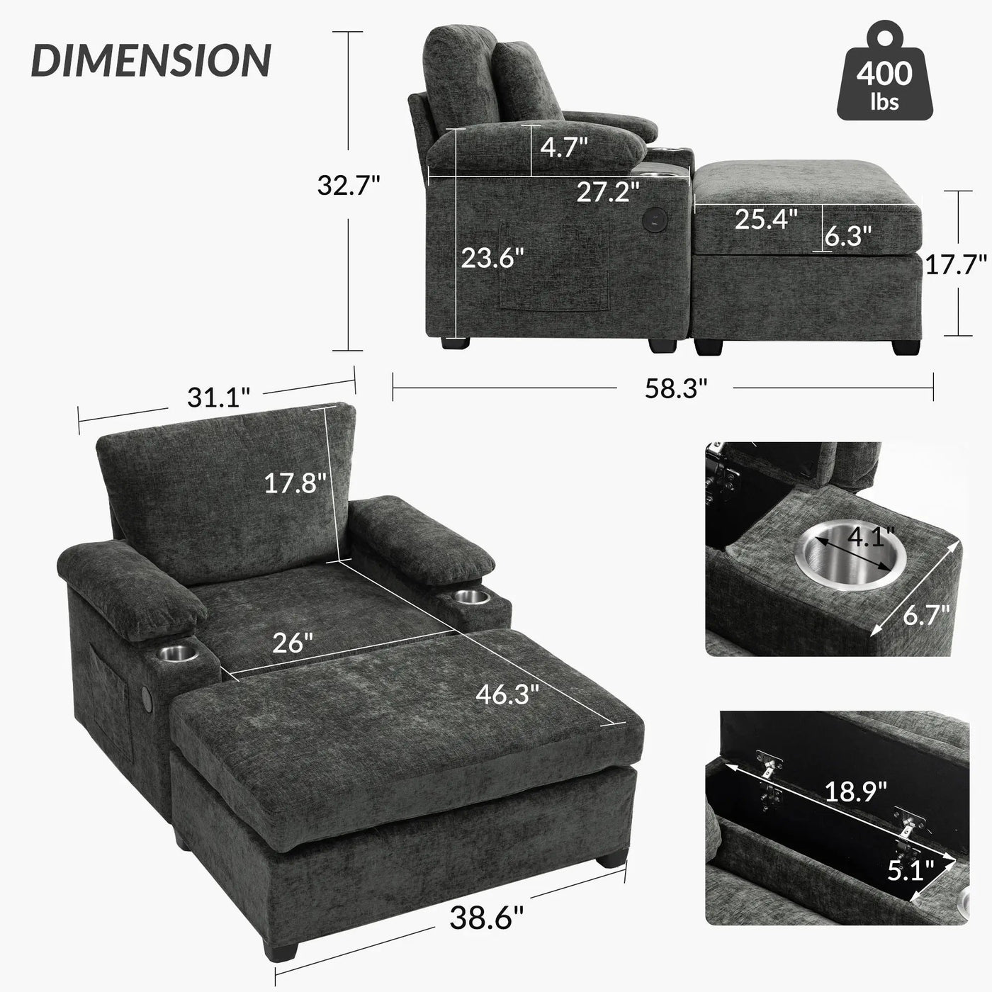 Modern Oversized Chair With Ottoman, Cupholders And USB Charging Ports by Unique Piece Furniture