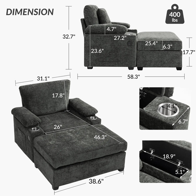Modern Oversized Chair With Ottoman, Cupholders And USB Charging Ports by Unique Piece Furniture