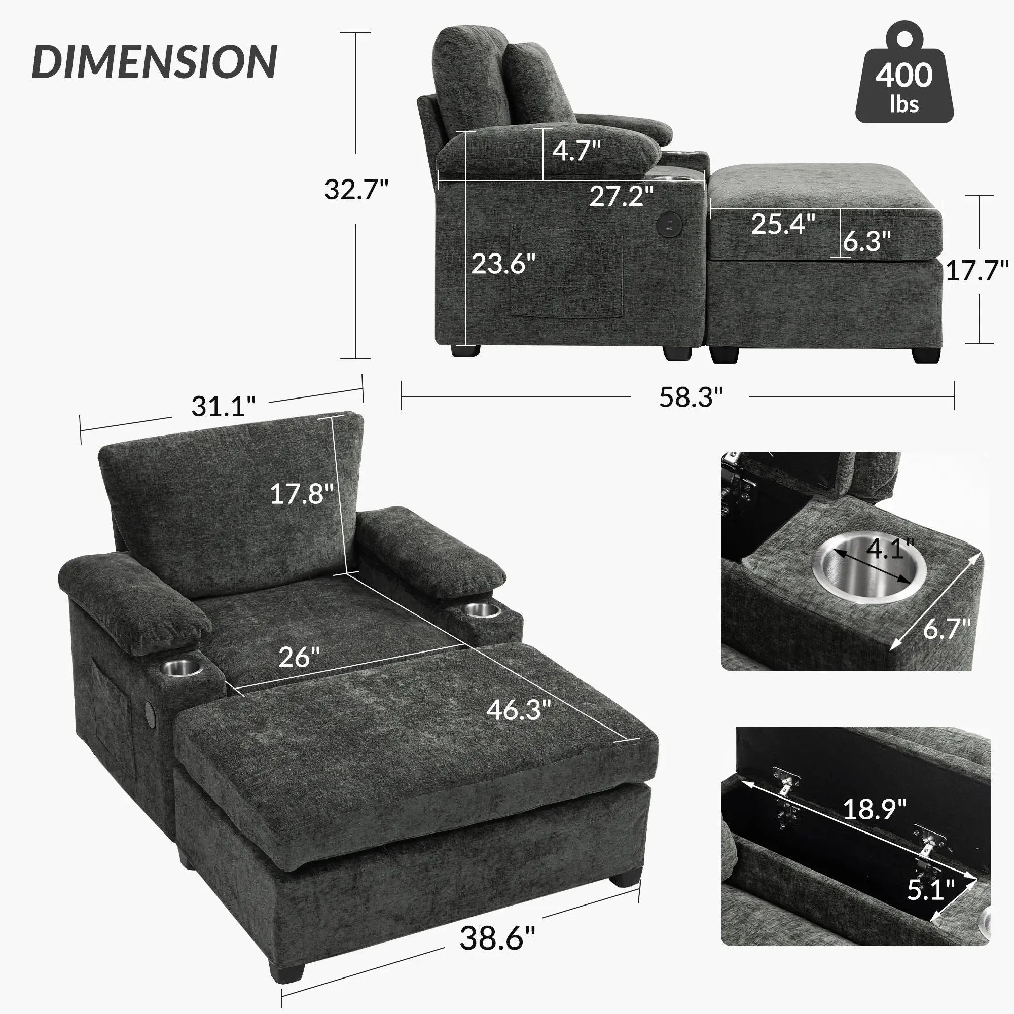 Modern Oversized Chair With Ottoman, Cupholders And USB Charging Ports by HouseOfZazla