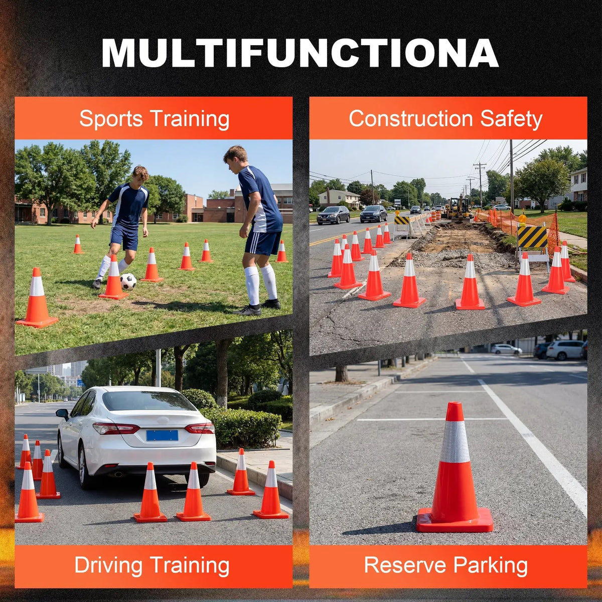18-Inch Traffic Safety Cones, 2-Pack, PVC Road Cones with Reflective Collar by HouseOfZazla