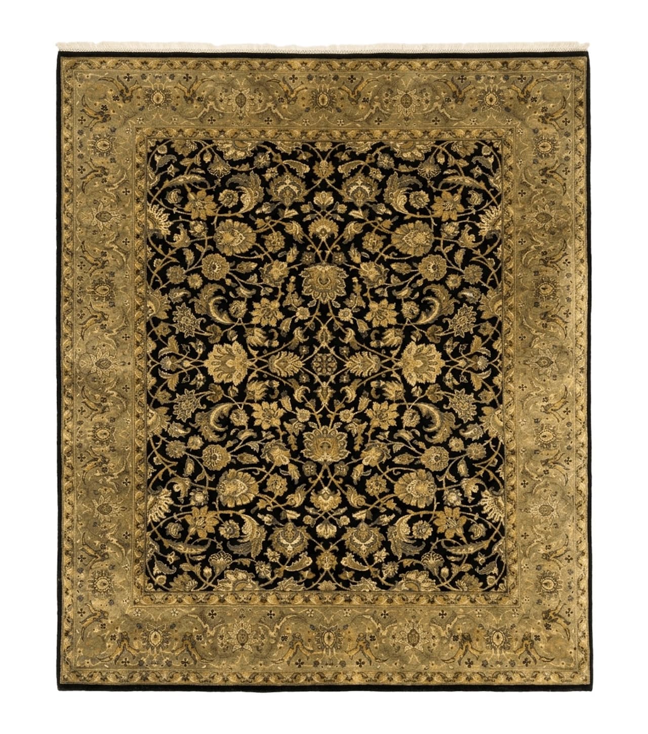 Indo Persian Rug 8x10, Black and Green, Wool, Handmade, Traditional, Floral Allover, Vintage by Jewel Rugs