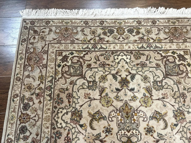 Pak Persian Rug 4x6, Floral Medallion, Beige, Wool and Silk Highlights, Vintage Handmade Rug by Jewel Rugs