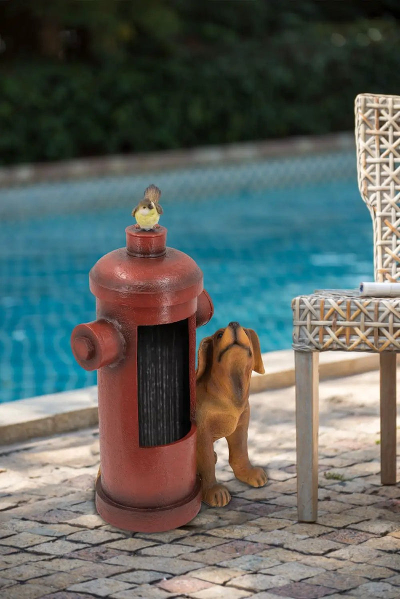 Red Fire Hydrant Water Fountain With Dog And Bird Accents, Outdoor Fountian With Light And Pump - Red / Light Brown by Unique Piece Furniture
