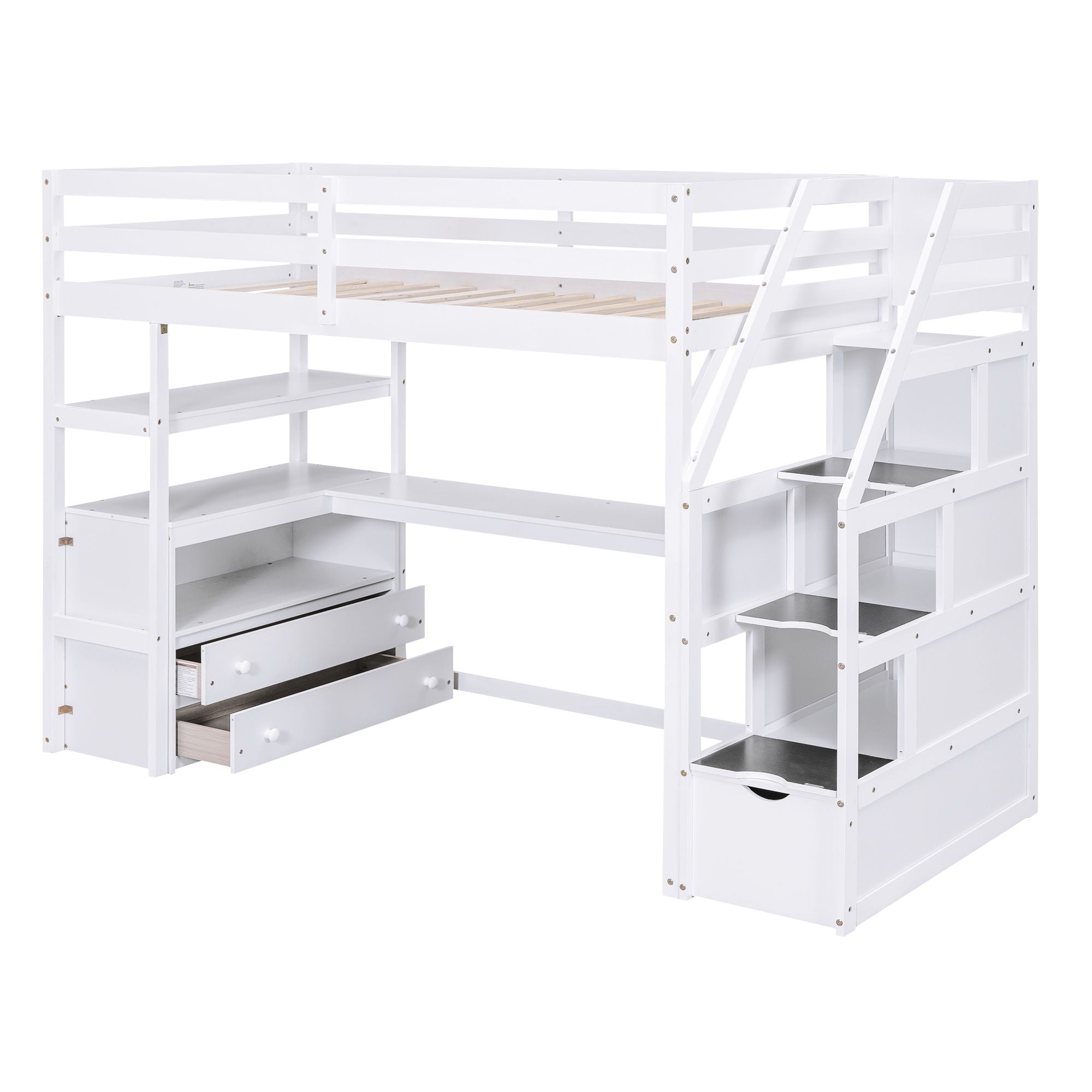 Loft Bed With Desk, Shelves, 2 Drawers, Storage Staircase by HouseOfZazla