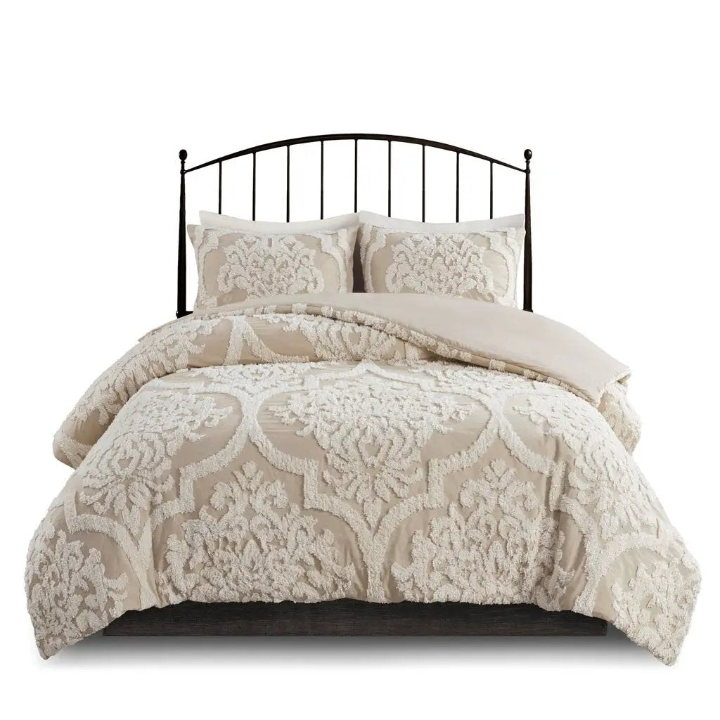 King/Cal King 3 Piece Tufted Cotton Chenille Damask Duvet Cover Set by HouseOfZazla