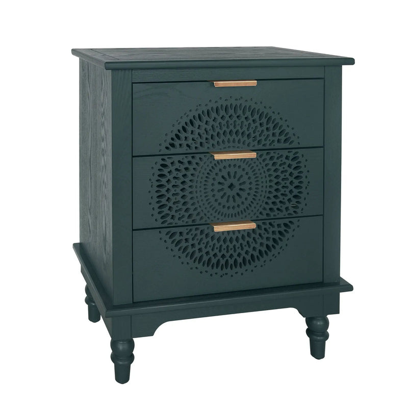 Hollow Carved 3 Drawer Dresser With Metal Handles, Storage Chest For Living Room Or Bedroom - Blackish Green by HouseOfZazla