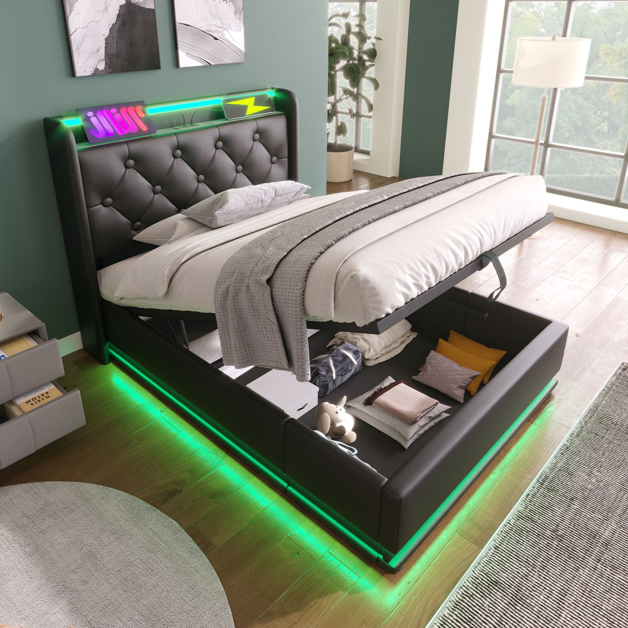 Upholstered Bed, 360 Surround LED Function, Remote Control, Hydraulic Storage Bed With USB, Type-C Charging (Without Mattress) by HouseOfZazla