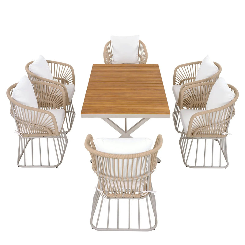 Outdoor 7-Piece Dining Set - Rectangular Teak Wood Table + 6 Wicker Chairs with Cushions by HouseOfZazla