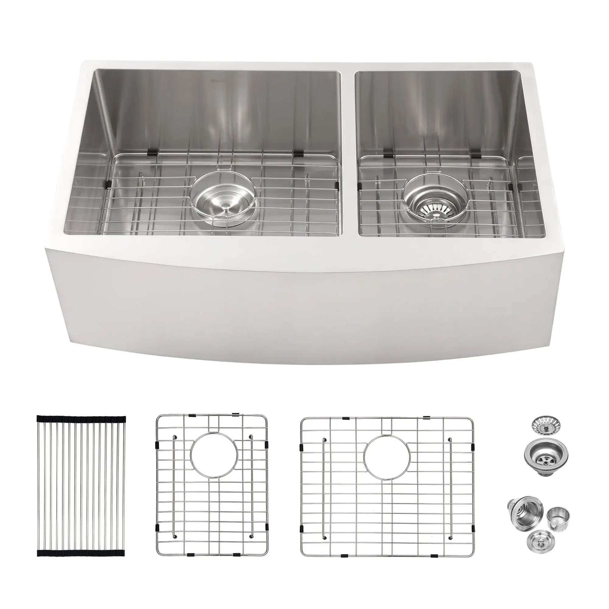 Double Bowl Sink 60 / 40 Split Apron Front Kitchen Sink In 16 Gauge With 2 10" Deep Basins 33" X21" X10" - Brushed Nickel by HouseOfZazla