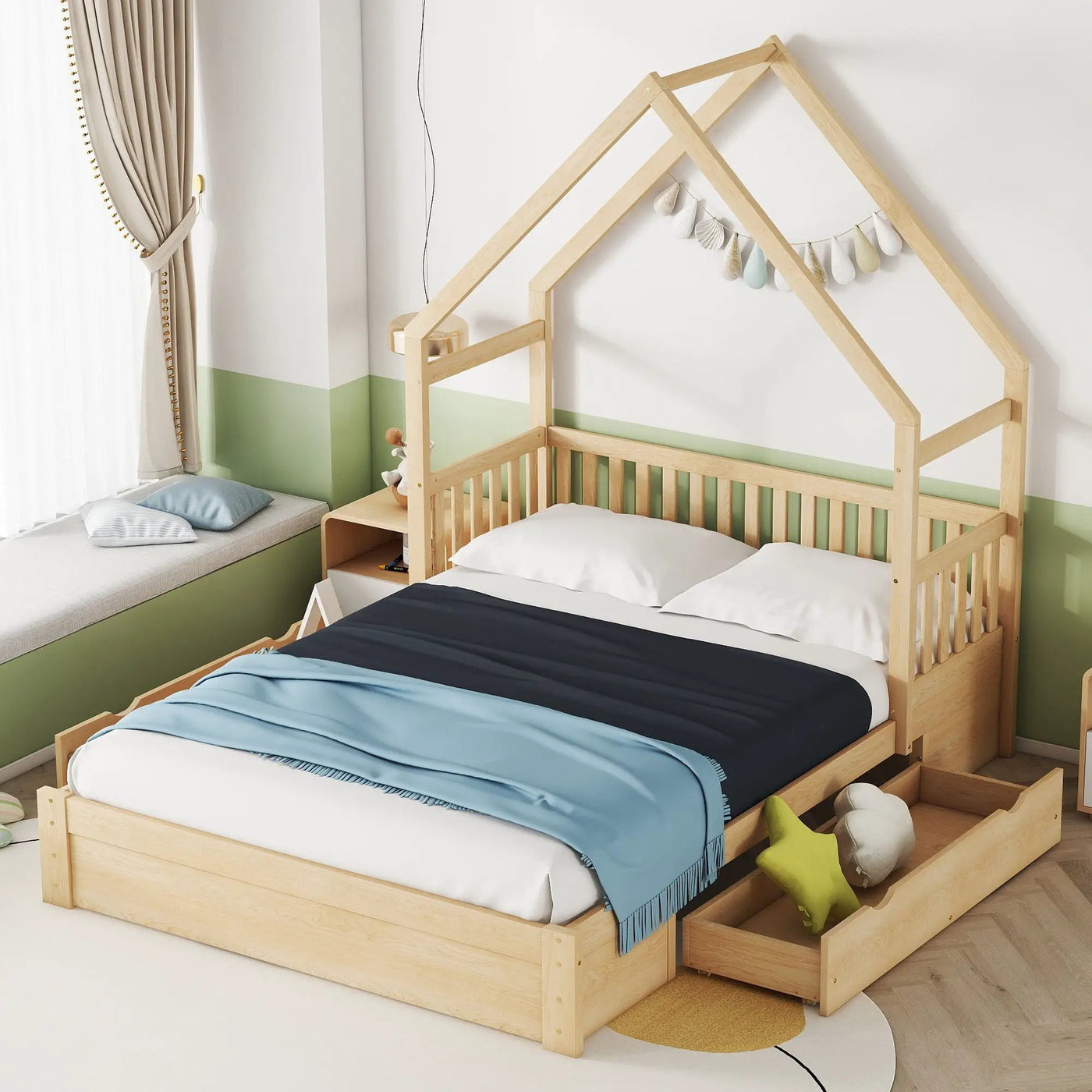House Style Platform Bed With Guardrail And 2 Drawers by Unique Piece Furniture