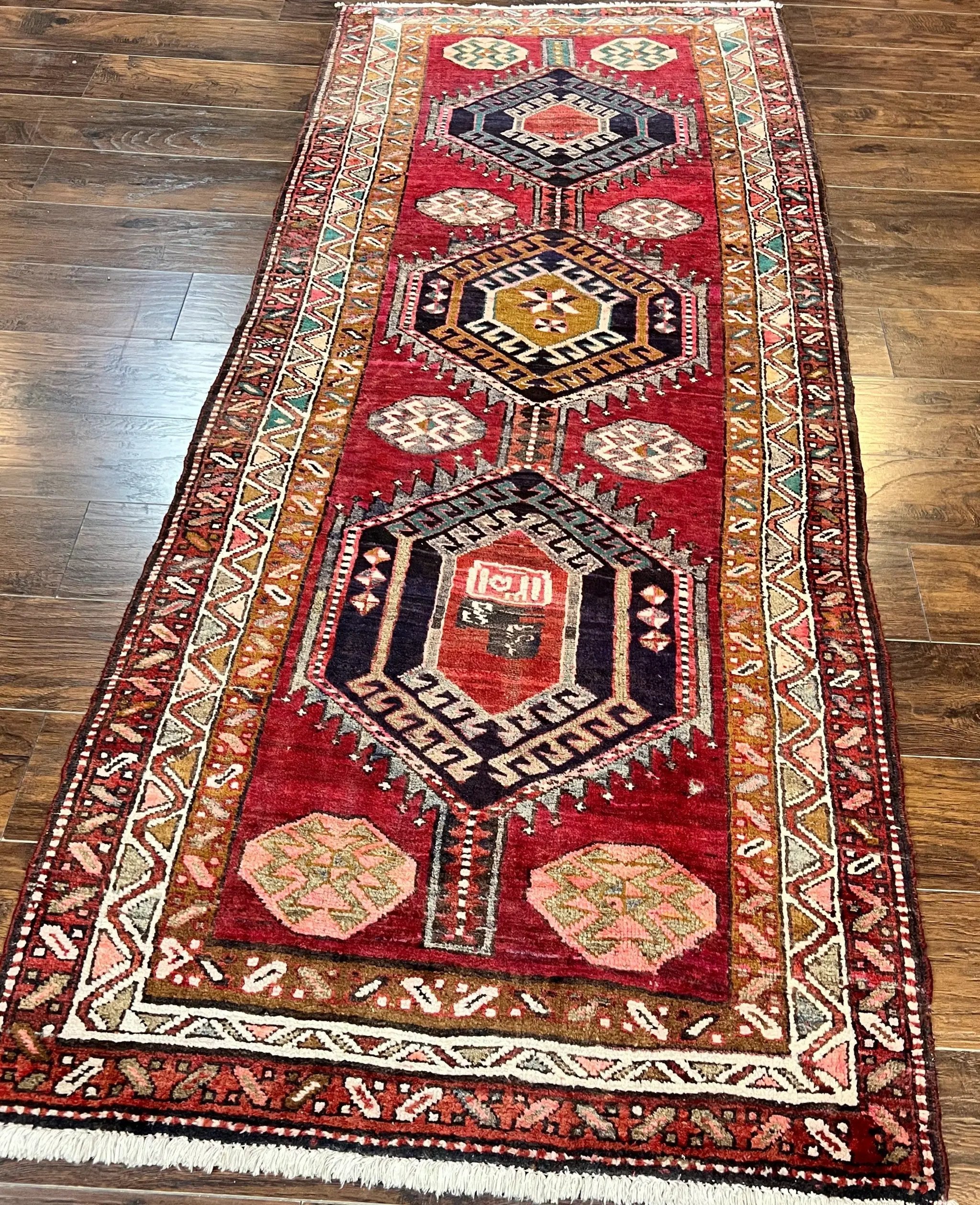 Persian Heriz Runner Rug 3.8 x 8.6, Geometric Design, Large Triple Medallions, Hand Knotted Handmade Vintage Wool Hallway Rug, Red by Jewel Rugs