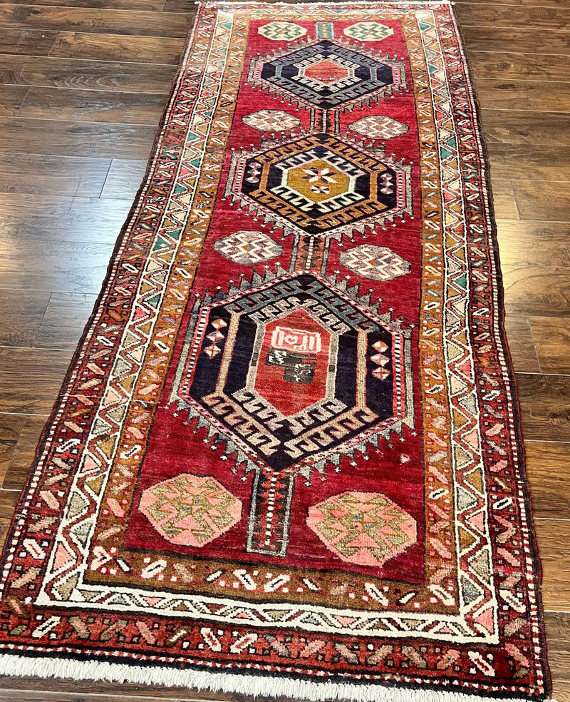 Persian Heriz Runner Rug 3.8 x 8.6, Geometric Design, Large Triple Medallions, Hand Knotted Handmade Vintage Wool Hallway Rug, Red by Jewel Rugs