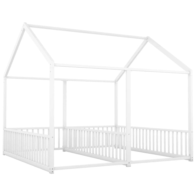 Metal Twin Size House Platform Beds 2 Shared Beds - Antique White by HouseOfZazla
