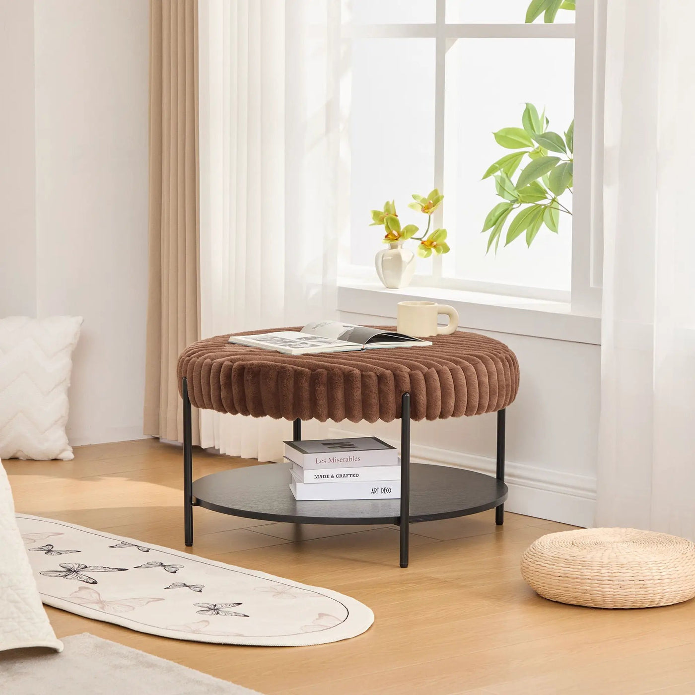Modern Upholstered Round Ottoman Coffee Table With Storage Shelf by Unique Piece Furniture