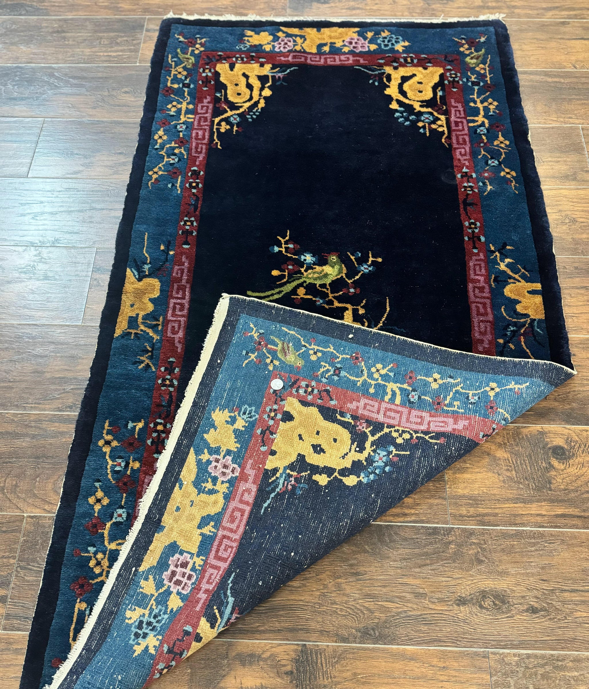 Antique Chinese Peking Rug 3x6, Dark Blue, Bird Motif, Handmade Wool Art Deco Asian Oriental Carpet, Pair A by Jewel Rugs