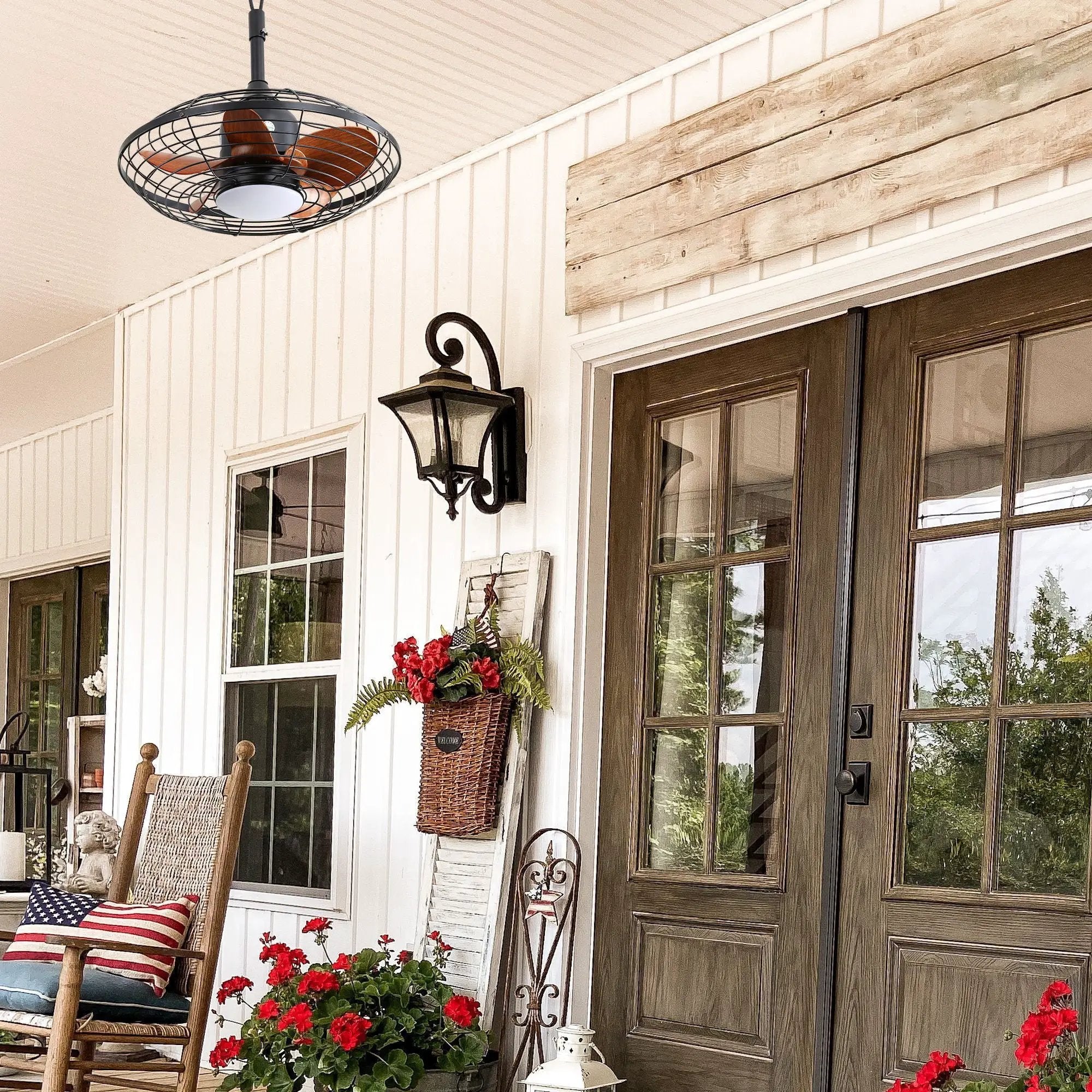 20" Downrod Mount Ceiling Fan LED 18W 3 Cct 5 ABS Blades DC Motor With Hanging And Hook For Outside Patios Pergola - Black by Unique Piece Furniture