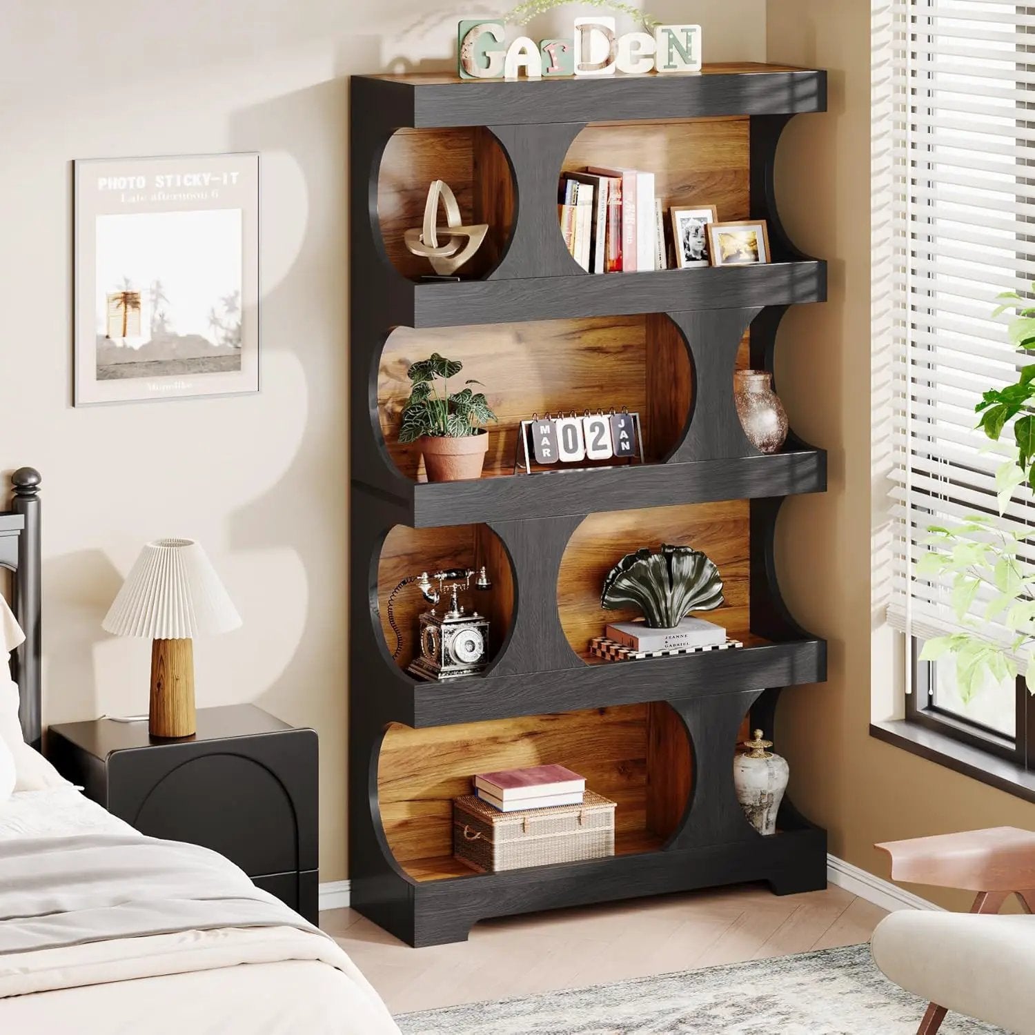 4 Tier S-Shaped Freestanding Storage Shelf For Living Room - Black / Brown by HouseOfZazla