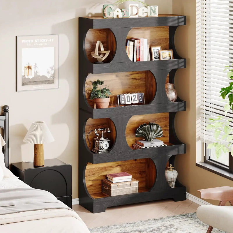 4 Tier S-Shaped Freestanding Storage Shelf For Living Room - Black / Brown by HouseOfZazla