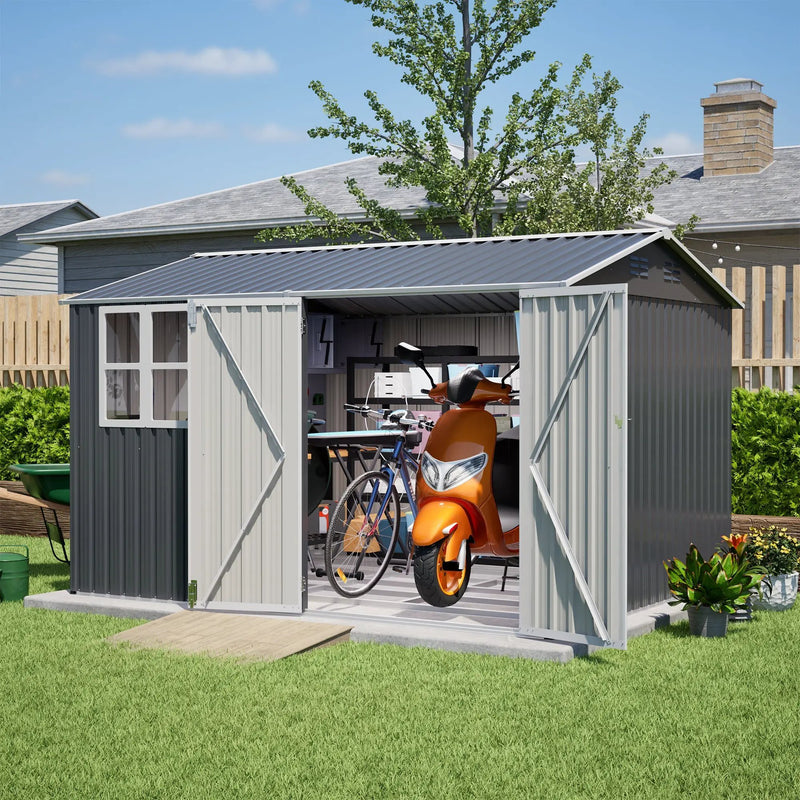 10X8FT Outdoor Steel Storage Shed with Clear Window, Lockable Doors by HouseOfZazla
