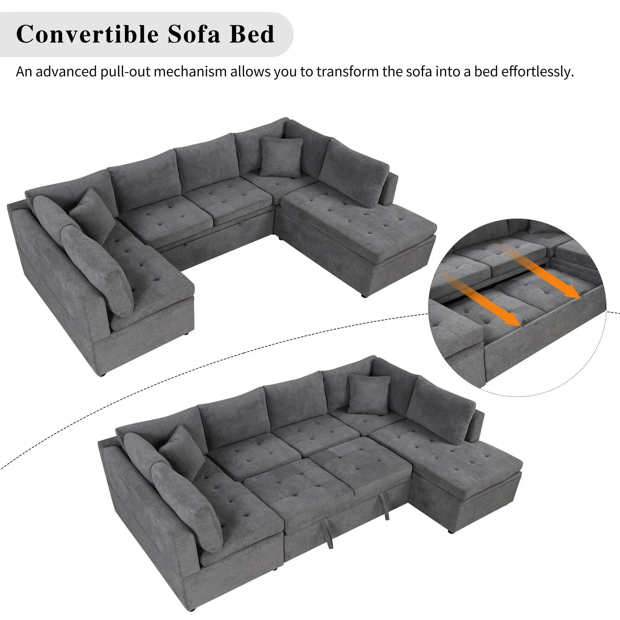 Oversized Sectional Sofa U-Shaped Sofa Couch Pull-Out Sofa Bed With Two Throw Pillows For Living Room by Unique Piece Furniture