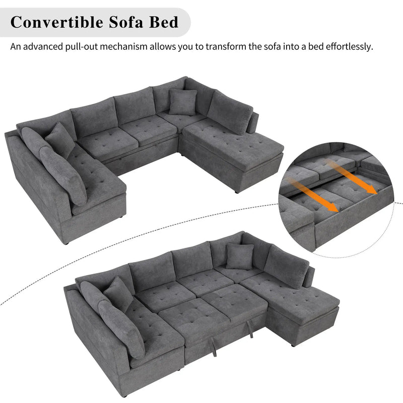 Oversized Sectional Sofa U-Shaped Sofa Couch Pull-Out Sofa Bed With Two Throw Pillows For Living Room by Unique Piece Furniture
