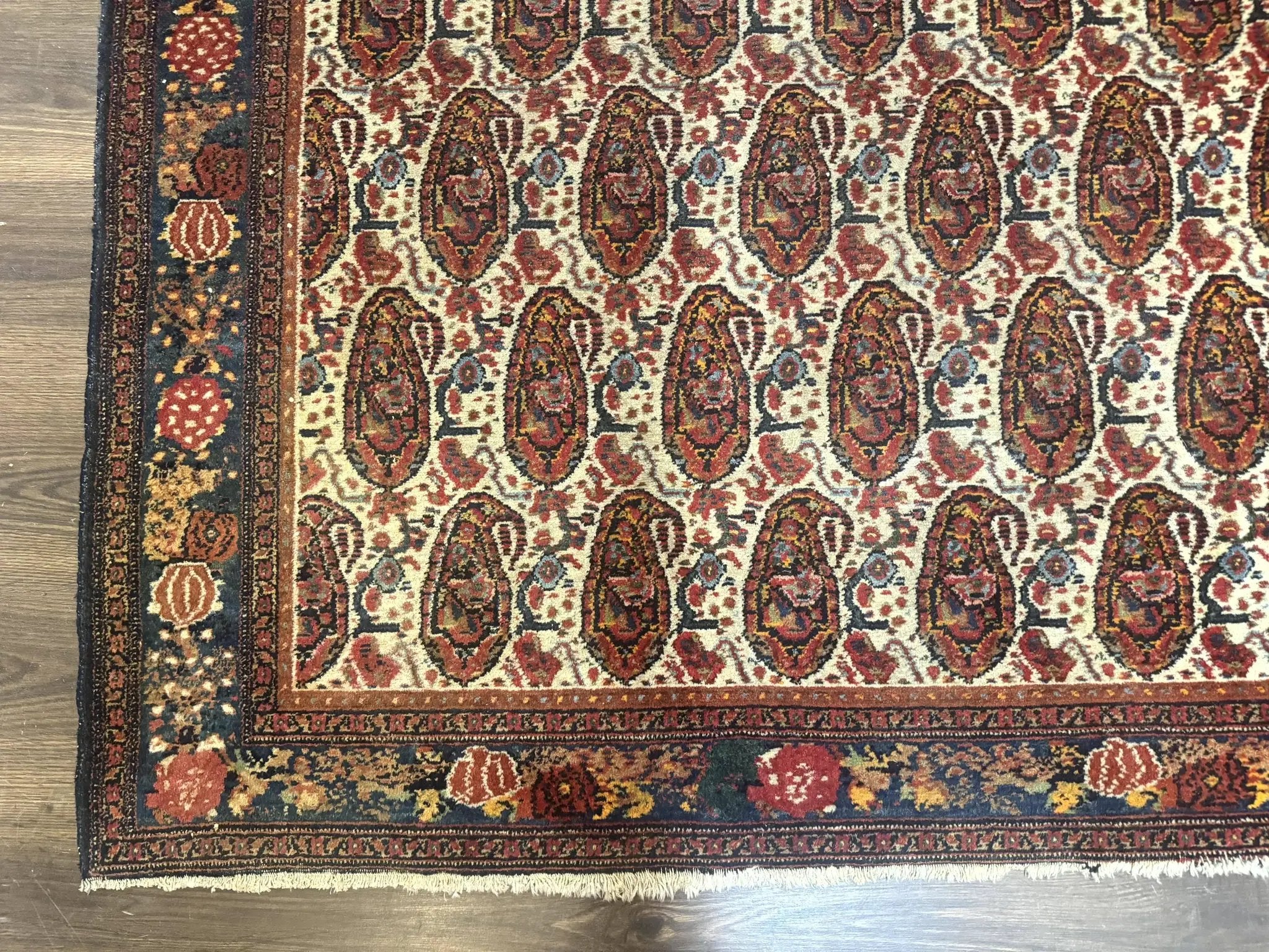Antique Persian Kurdish Senneh Rug 4.6 x 6.5, Repeated Paisely Boteh Design, Handmade by Jewel Rugs