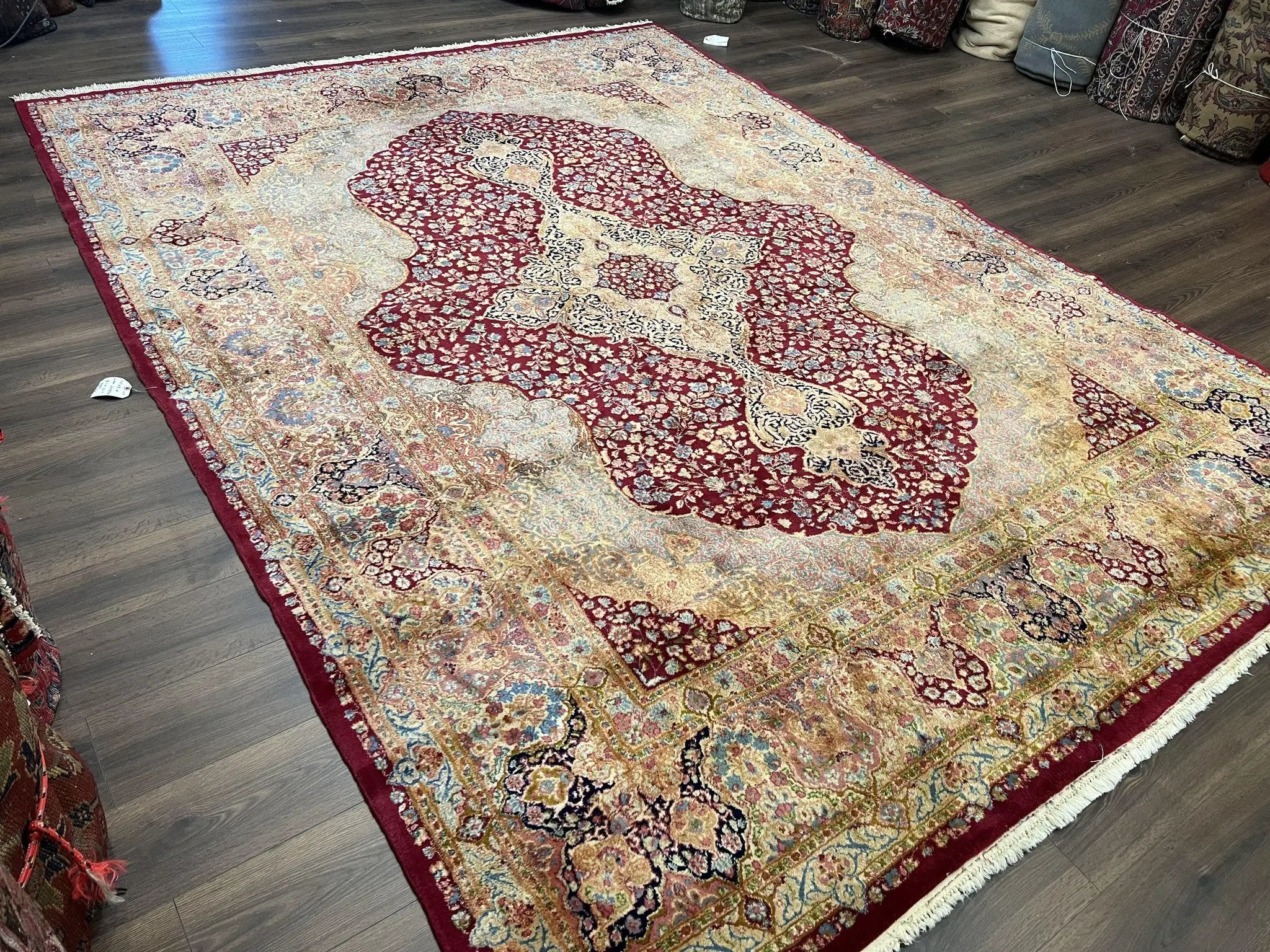 Persian Rug 9x12, Kirman DeLuxe, Millefleur Floral Medallion Carpet, Maroon Light Blue Beige, Semi Antique Authentic Hand Knotted Wool Rug by Jewel Rugs