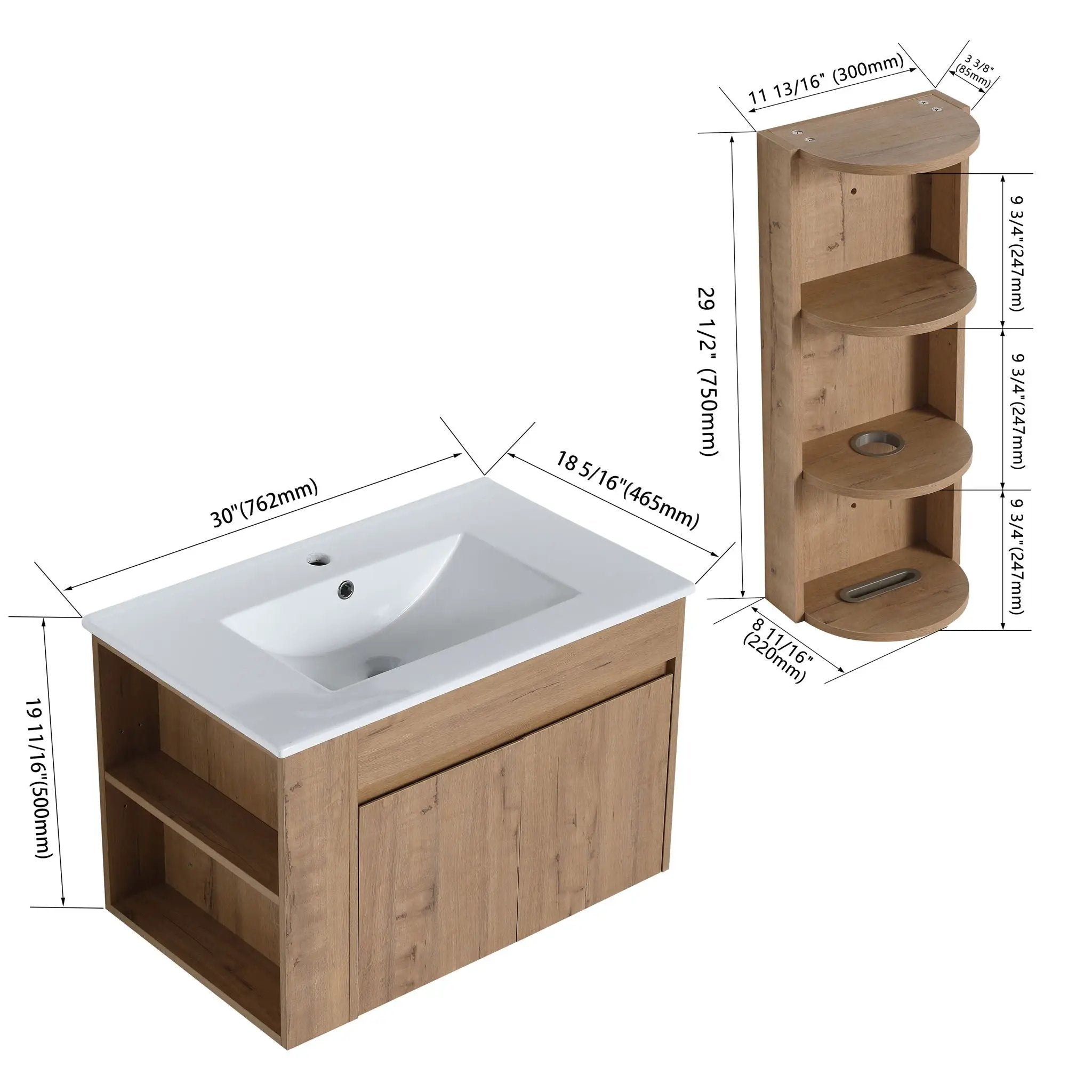 Modern Wall Mounted Bathroom Vanity With Sink And Storage Rack Soft Close Doors Plywood - Imitative Oak by HouseOfZazla