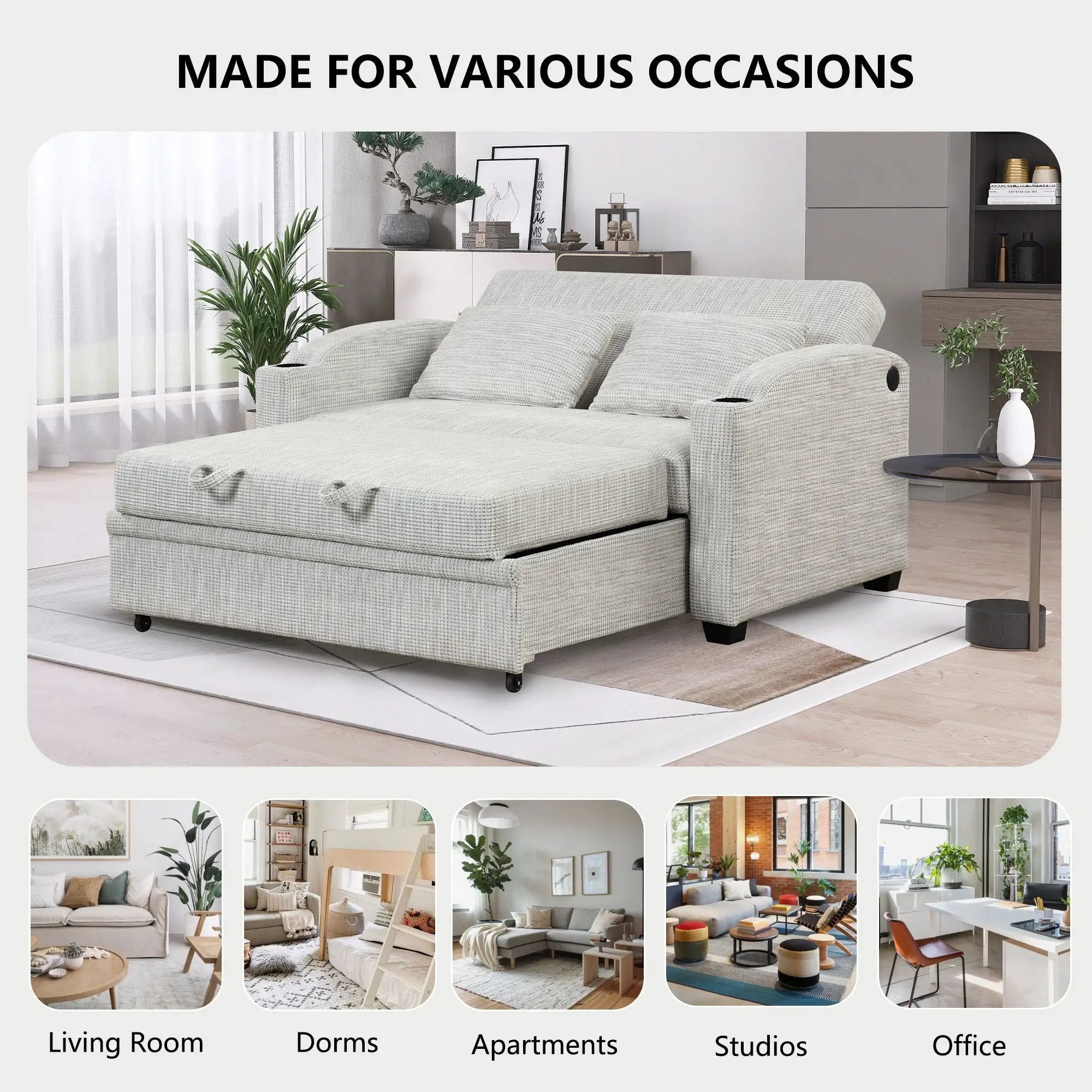 Pull Out Loveseat Sofa With Adjsutable Backrest, 2 Pillows, Cup Holders, USB Ports For Living Room by Unique Piece Furniture