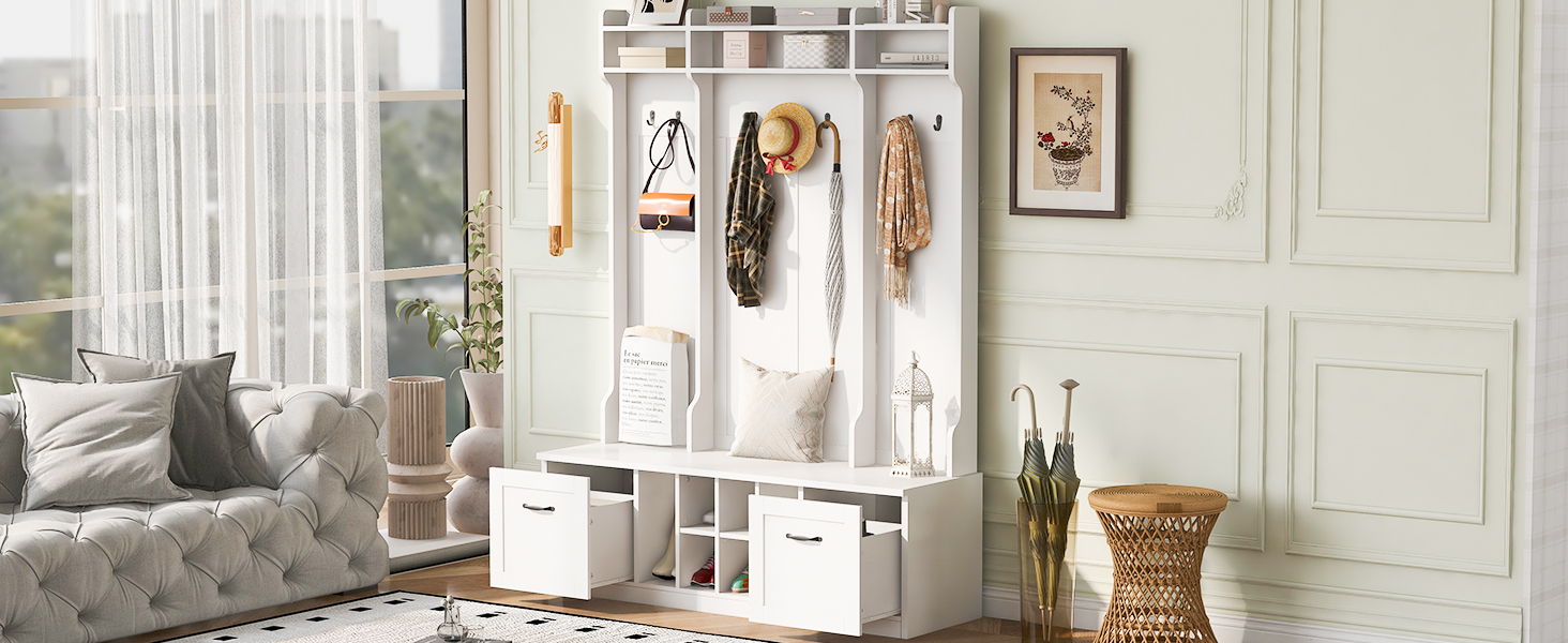 5 In 1 Entryway Bench With Coat Rack, 7 Sturdy Hooks, 2 Spacious Drawers And Adjustable Shelves by HouseOfZazla