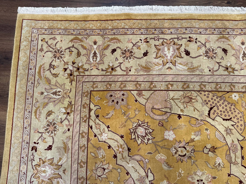 Sino Persian Rug 8x11, Wool with Silk Highlights, Unique Colors, Gold and Light Green, Fine 240 KPSI by Jewel Rugs