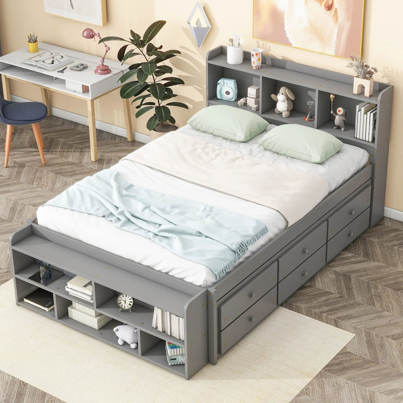 Bed With Bookcase Headboard, Under Bed Storage Drawers And Bed End Storage Case by Unique Piece Furniture