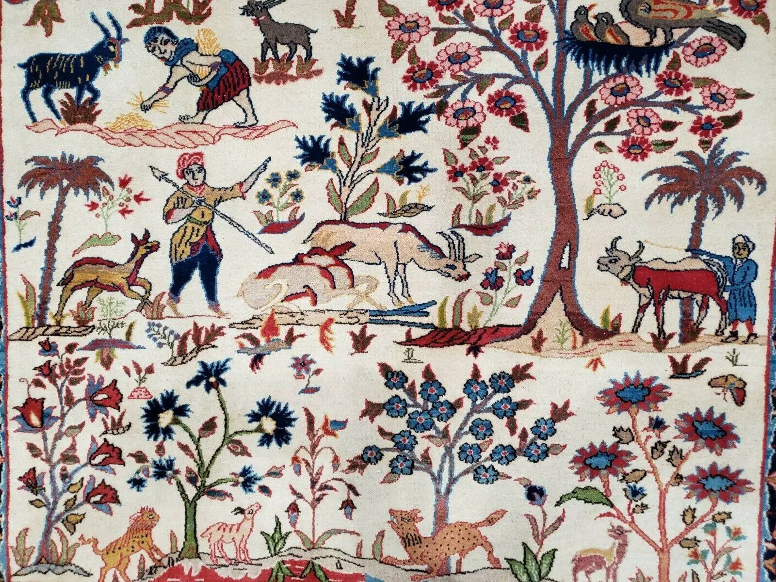 Antique Persian Isfahan Rug 5x7, Animal and Human Pictorials, Hand Knotted Fine Oriental Wool Carpet, Cream and Red, High KPSI, Vintage Rug 5 x 7 ft by Jewel Rugs