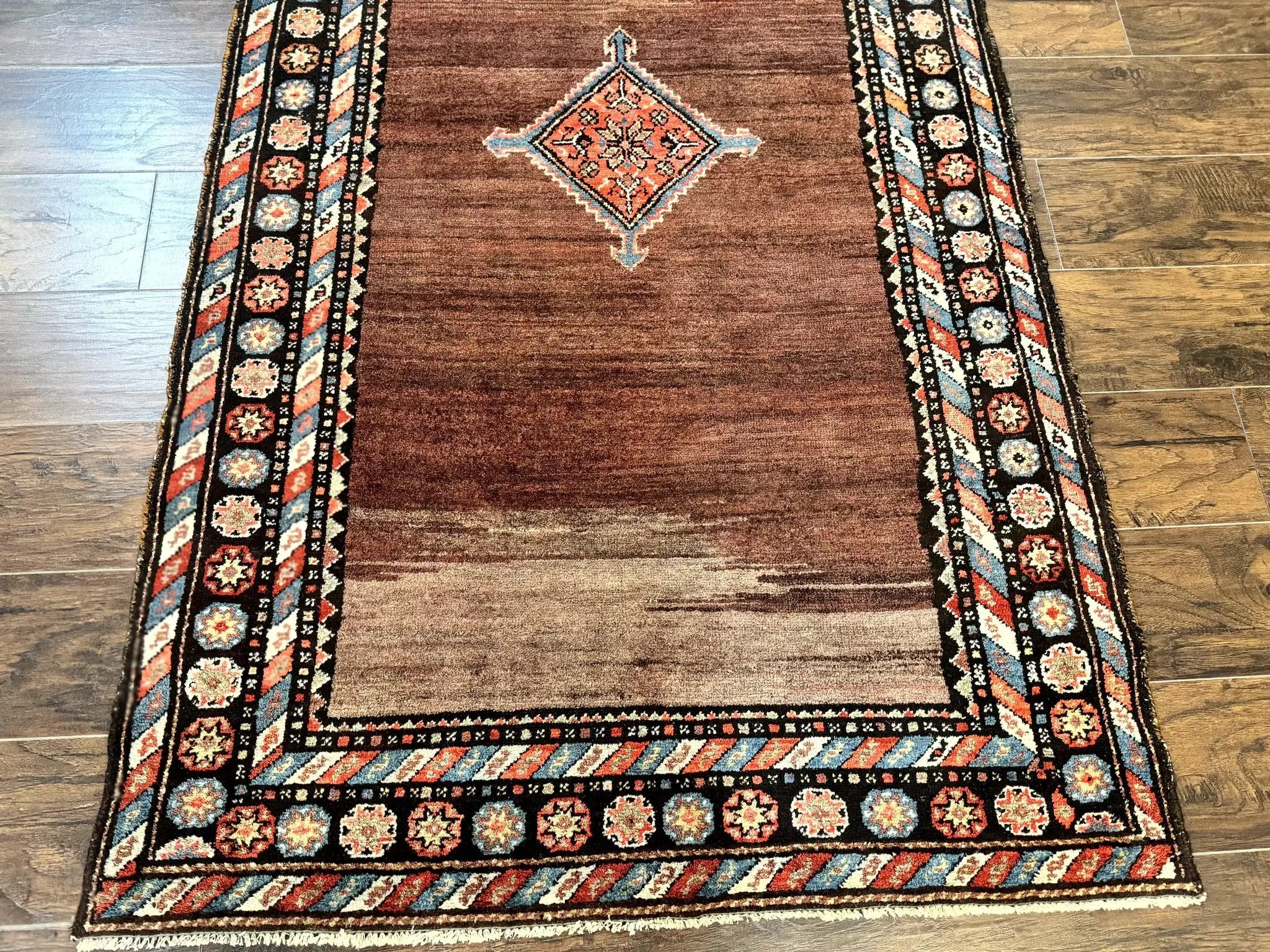 Antique Persian Rug 4x7, Sarab Tribal Wool Carpet, Brown and Multicolor, Handmade Wide Runner Rug 4 x 7, Open Field, Rainbow Border by Jewel Rugs