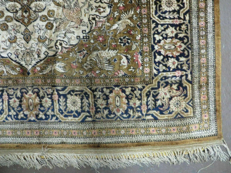 Handmade Silk Rug 3x5, Vintage Antique Silk Carpet, Hand-Knotted Oriental Rug 3 x 5, Animal Motifs, Deer Birds, One-Of-A-Kind by Jewel Rugs