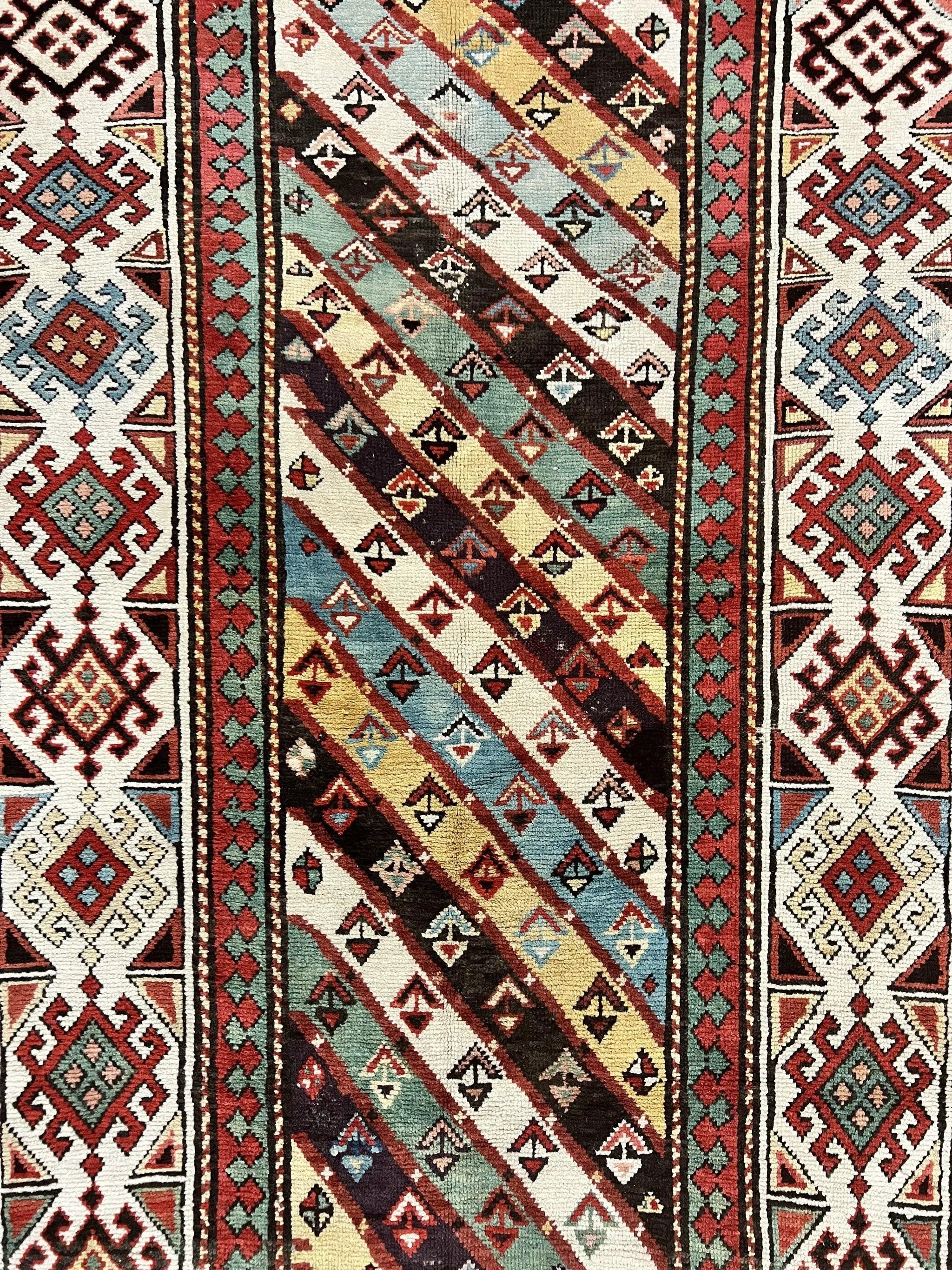 Caucasian Kazak Runner Rug 3.6 x 8, Wool Hand Knotted Antique 1880s Carpet, Ivory & Multicolor Stripes Oriental Runner Rug, Hallway Rug by Jewel Rugs