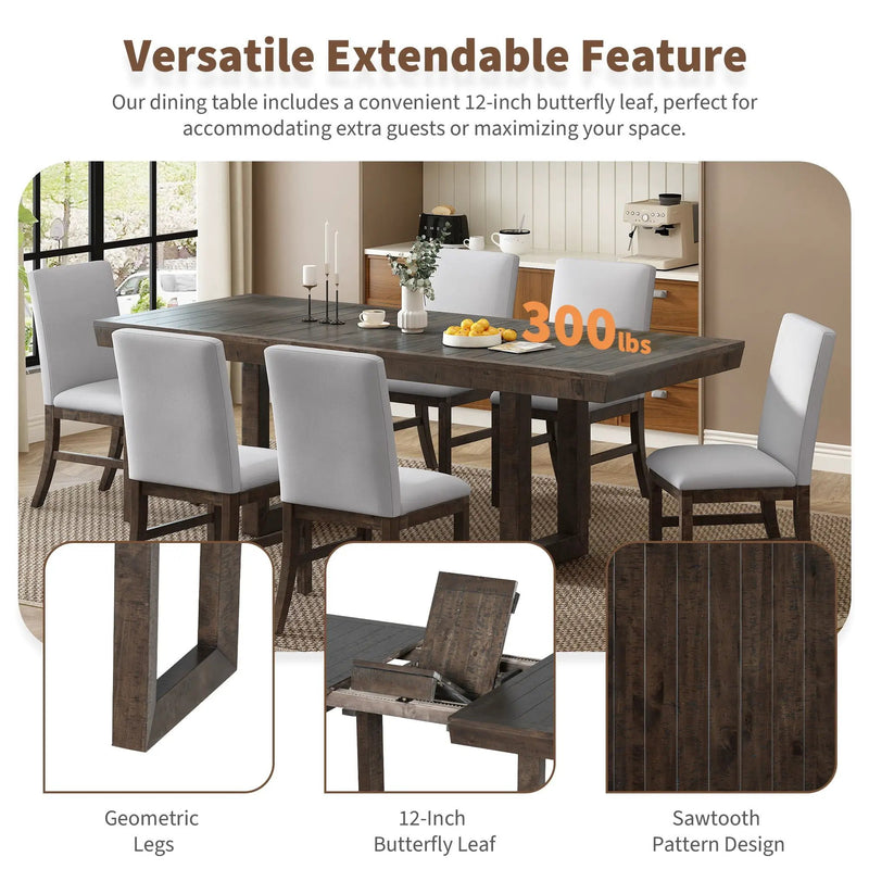 Topmax - 7 Piece Traditional Extendable Dining Table Set With Butterfly Leaf And 6 Upholstered Dining Table Set by Unique Piece Furniture