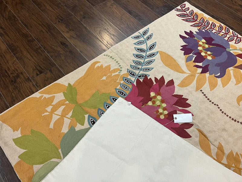 Indian Chain Stitched Rug 4x6, Hand Stitched Indian Embroidery Carpet, Large Floral Design, Contemporary, Cream and Colorful Flowers, Wool by Jewel Rugs