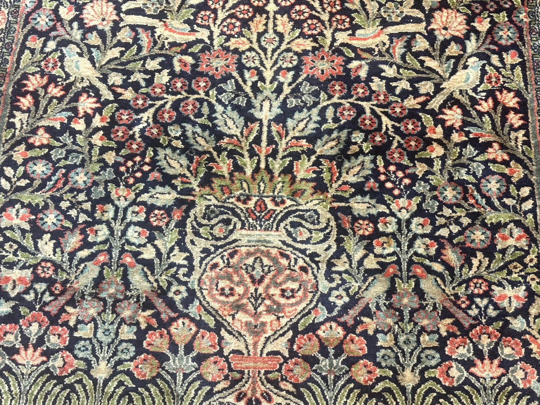 Silk Indian Kashmiri Rug 4x6, Tree of Life Pattern, Birds, Fine 290 KPSI, Navy Blue and Red, Handmade Oriental Carpet by Jewel Rugs