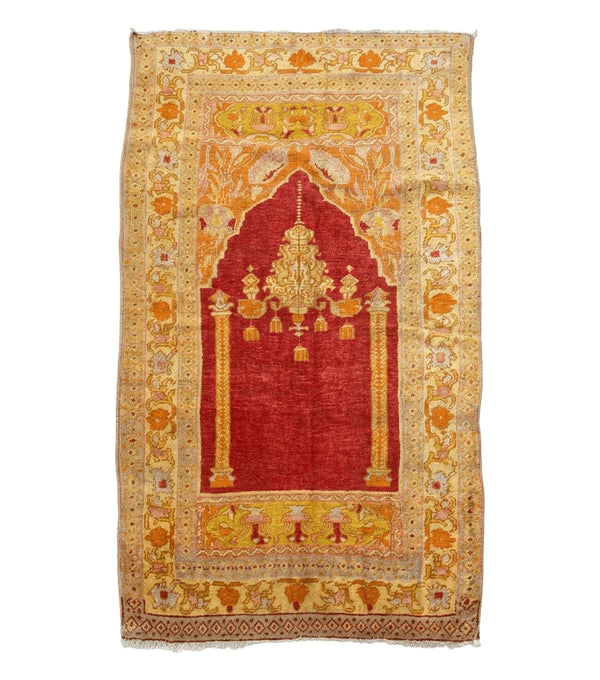 Antique Turkish Prayer Rug 4x6, Red and Golden Mustard, Mihrab Design, Anatolian Carpet
