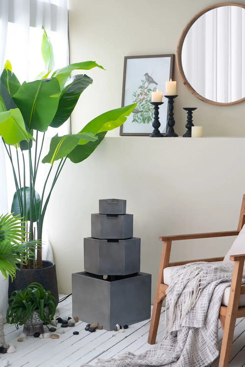 Cement 4 Tier Block Water Fountain Outdoor - Gray by Unique Piece Furniture