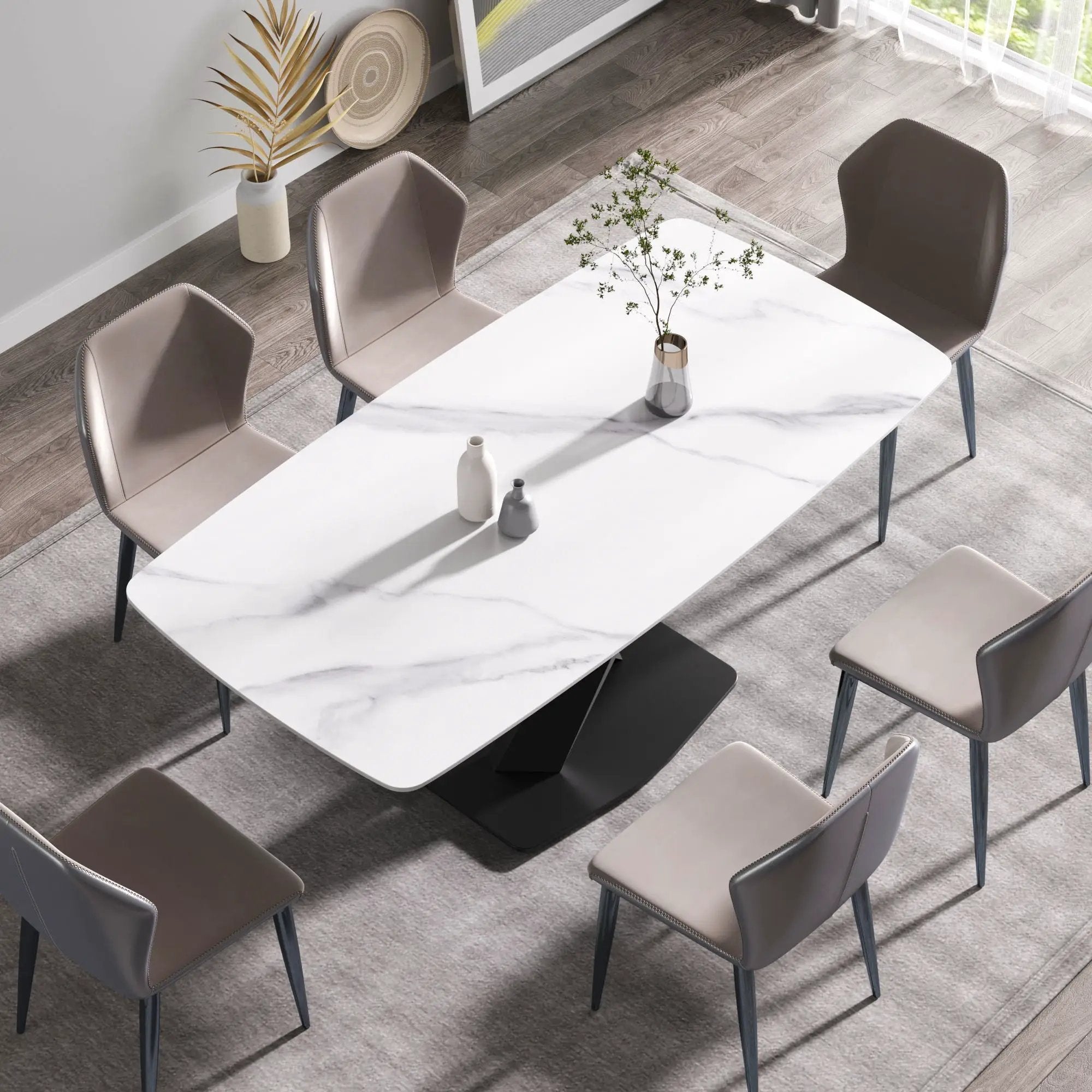 70.87" Modern Artificial Stone White Curved Black Metal Leg Dining Table, Can Accommodate 6-8 People - White / Black by HouseOfZazla