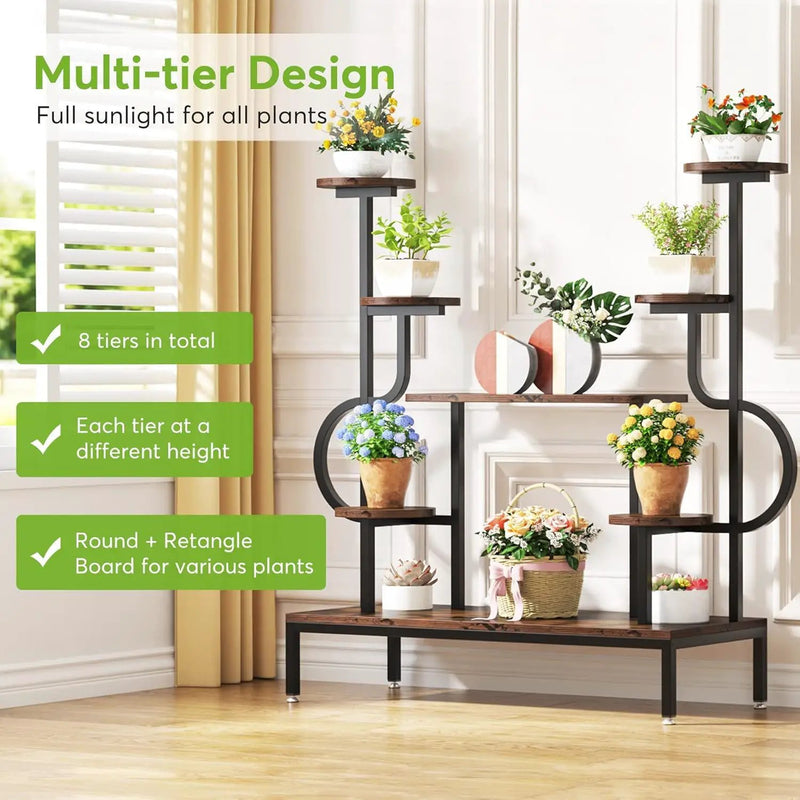 8 Tier Plant Stand With Round And Square Shelves For Living Room, Patio, Balcony & Garden - Brown / Black by HouseOfZazla