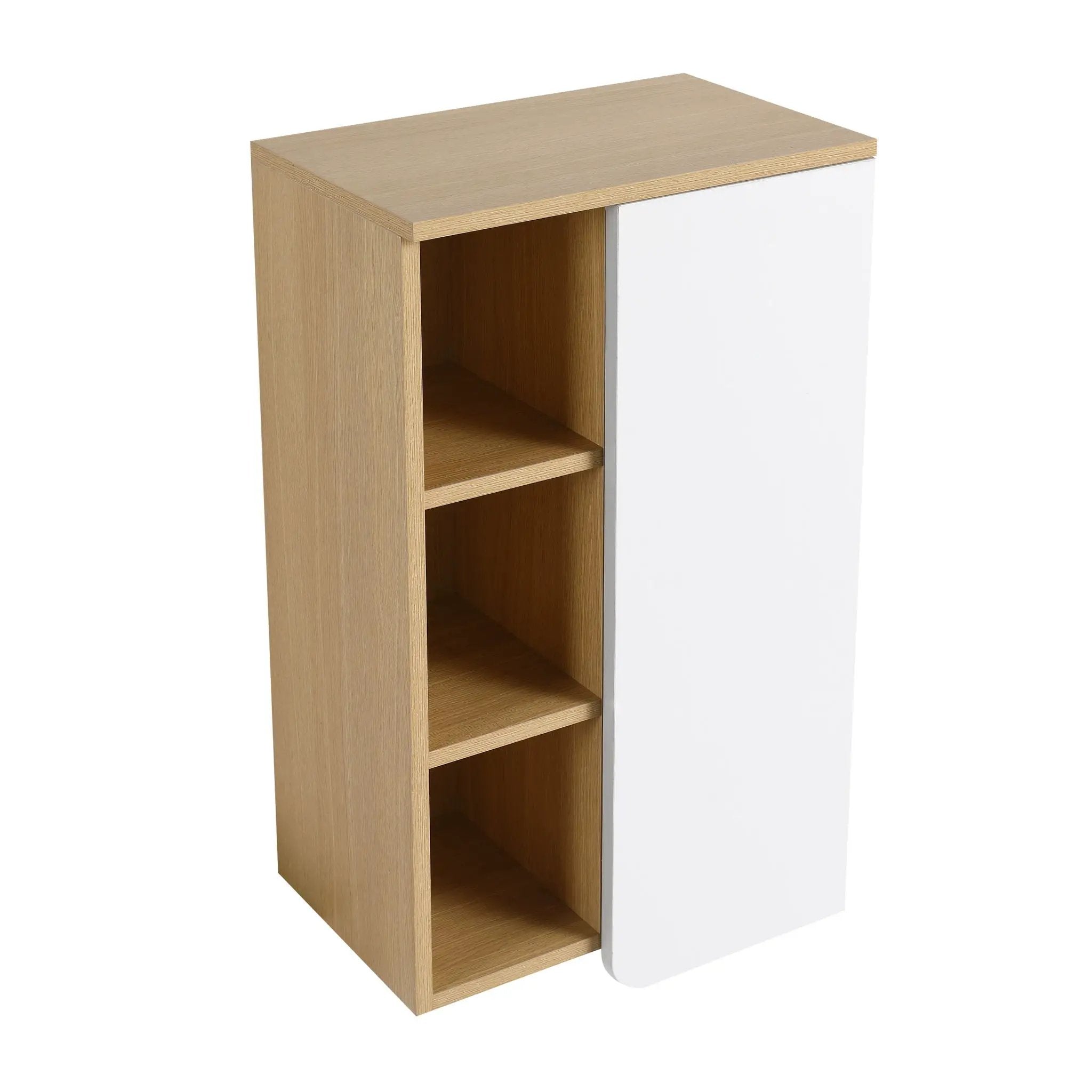 Wall Mounted Bathroom Side Cabinet, Single Door With 3 Tier Open Shelves - Black / Light Oak / White by Unique Piece Furniture