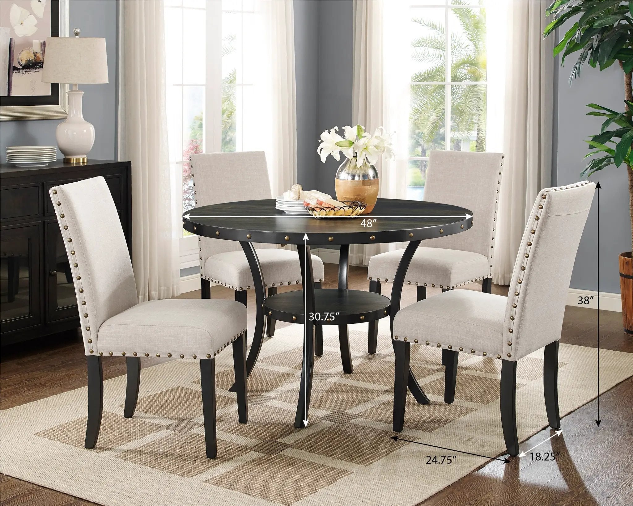 Biony Espresso Wood Dining Set with Tan Fabric Nailhead Chairs by HouseOfZazla
