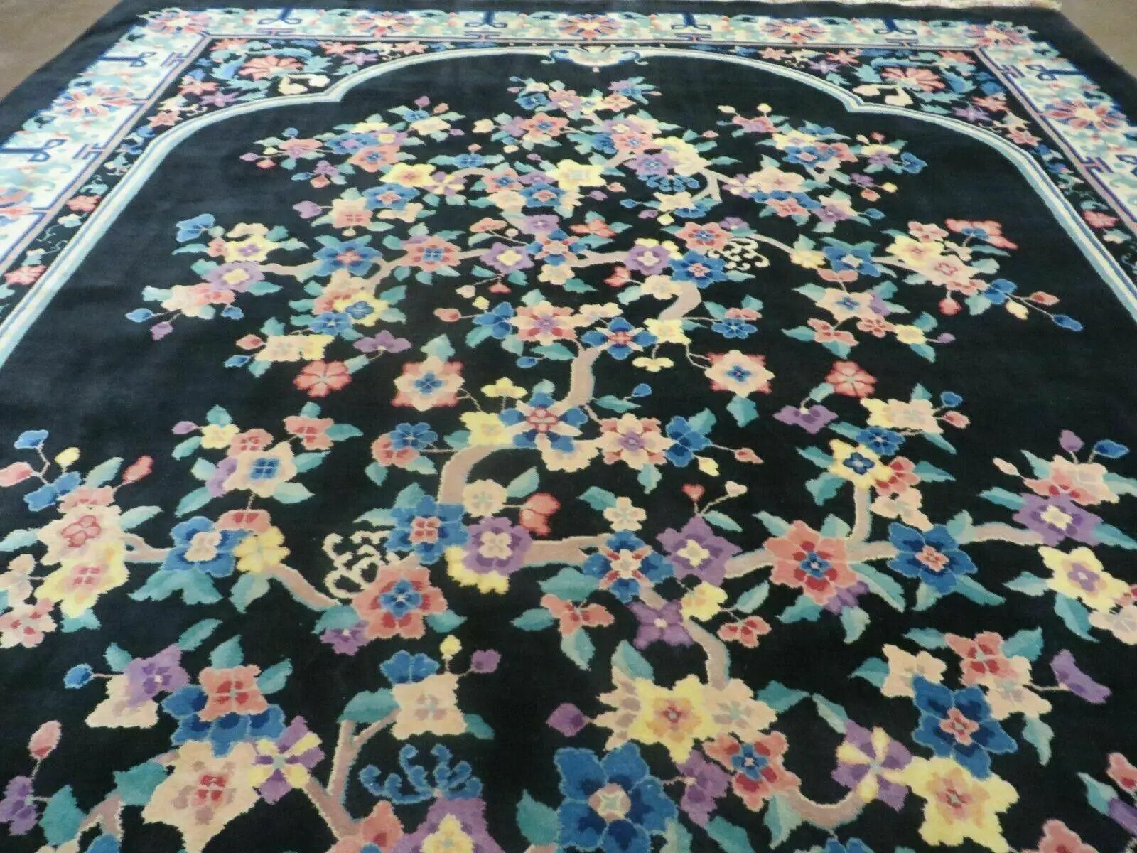 Black Chinese Wool Rug 8x10, Art Deco Floral Carpet, Soft Plush Pile by Jewel Rugs